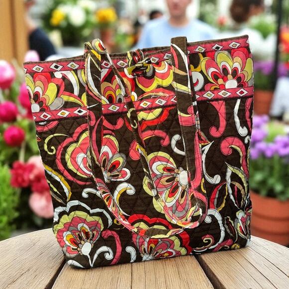 Vera Bradley Tote Bag Puccini Shoulder Floral Purse Pockets Toggle Brown Orange - Picture 1 of 12